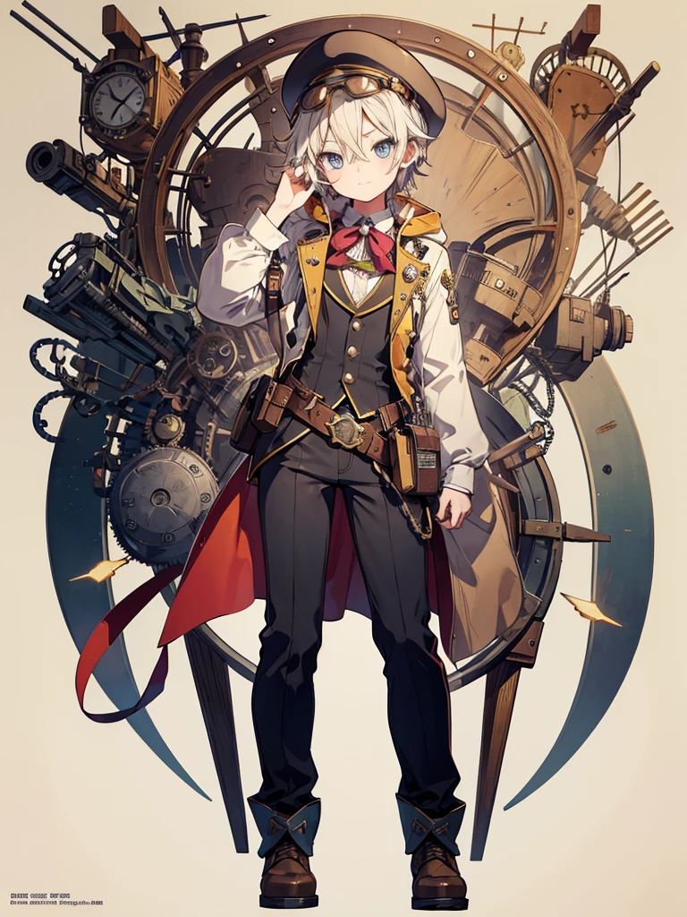 Cheeky boy、Jewel-colored eyes、Pilot goggles on forehead、Steampunk style craftsman、Full body illustration、White background