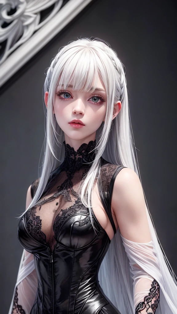 girl with white hair,with bangs, black gloves, purple clothes, green eyes,4K, masterpiece, perfect body, stem,perfect eyes, perfect shading, perfect lighting, best quality, work of art, ultra detailed, detailed clothing