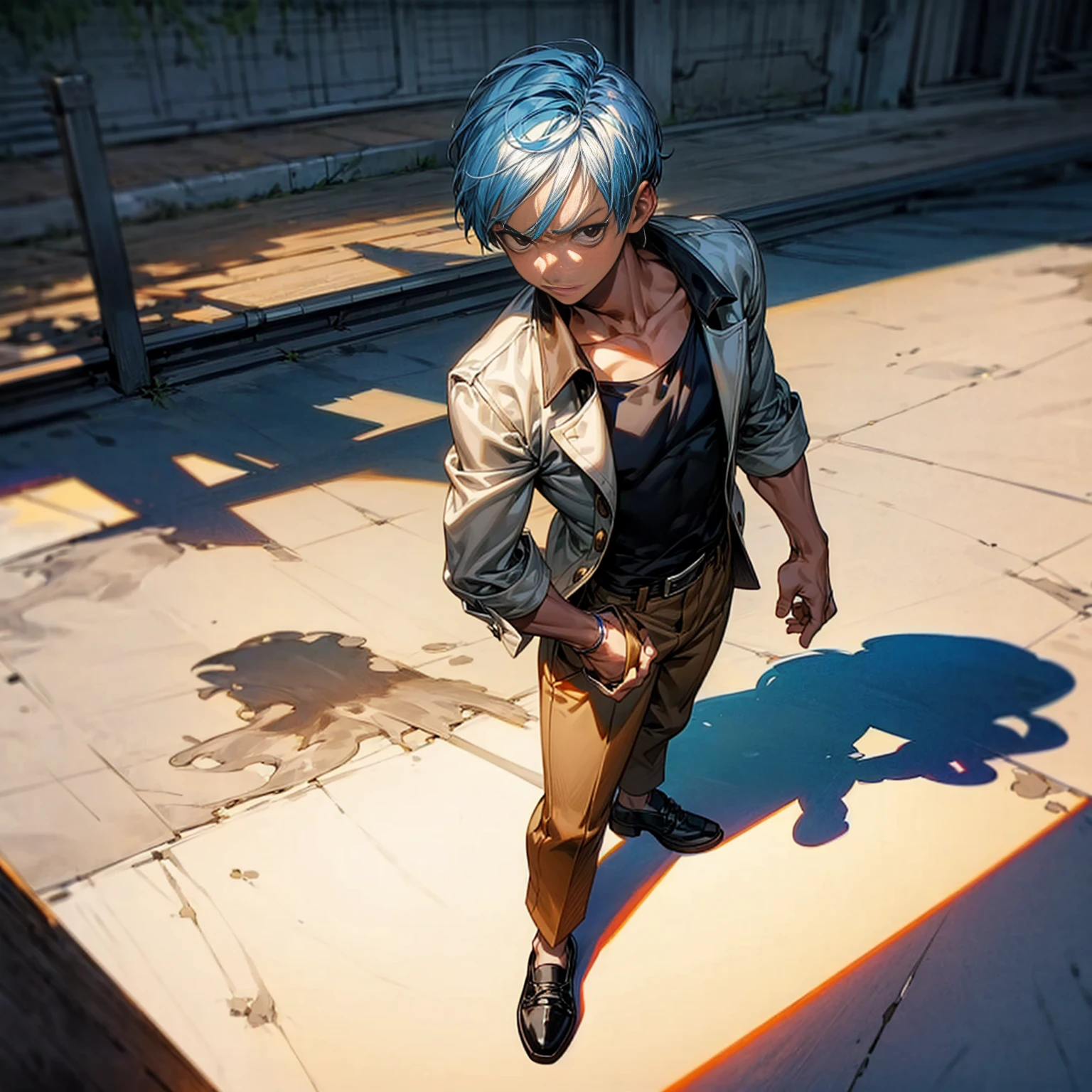 Solo character, young boy, Full body version, blue half white colour hair, short haircut, black shirt, brown trousers, shoes, no tie, Grassroots, background in Schoolyard, standing gesture, shadow, (one piece style art)