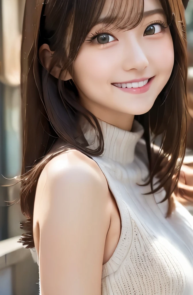 Medium-long hair、Black Hair、White skin、Sleeveless knit sweater、Beige sweater、Thin eyebrows、The ultimate smile、Gazing at each other、C cup、Dark Eyes、Slightly red cheeks、Narrow waist、Beautiful armpits、Beautiful Japanese women、one pieceのセーター、おしりが隠れ長さのone pieceセーター、whole body、Red stiletto heels、Beautiful thighs、White thighs、High-neck sweater、Big butt、Wide Eyes、Raise your hand、Both sides are visible、High neck sweater、Sleeveless、one piece　Beautiful thighs、