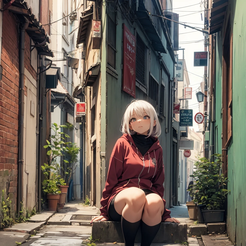 A dragon girl on the street, sitting in an alley, su cara it's dirty, her breasts are big, his shirt with tears, it's dirty. DO NOT SEXUALIZE.