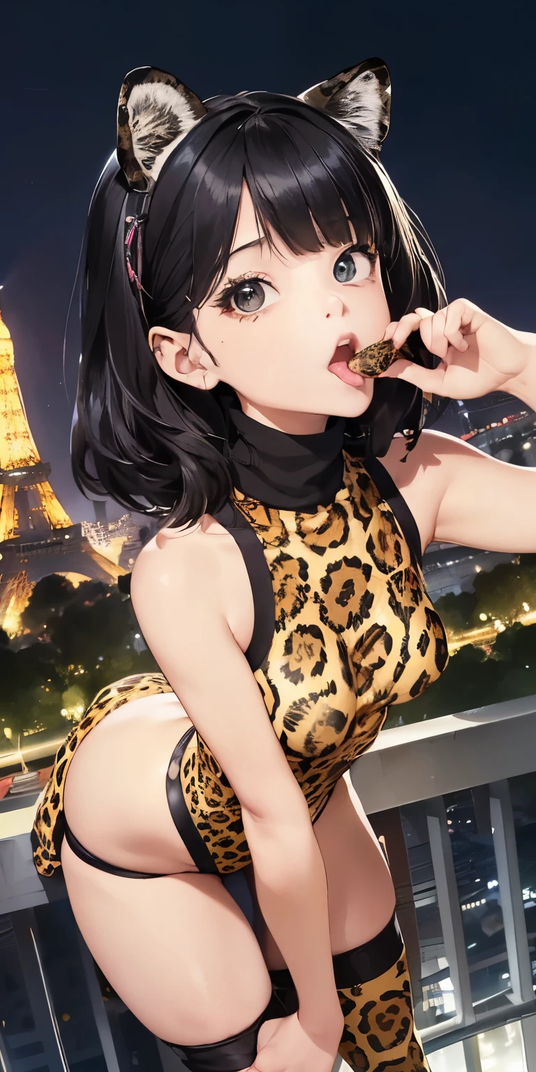 ( girl licking her fingers)Realistically、Black Hair、Butt Emphasis、(On all fourouth open and sexy expression、、((10 year oldhasis on breast valley、Wearing a full-body leopard print turtleneck sleeveless bodysuit、Various sexy poses、Background Eiffel Tower at night