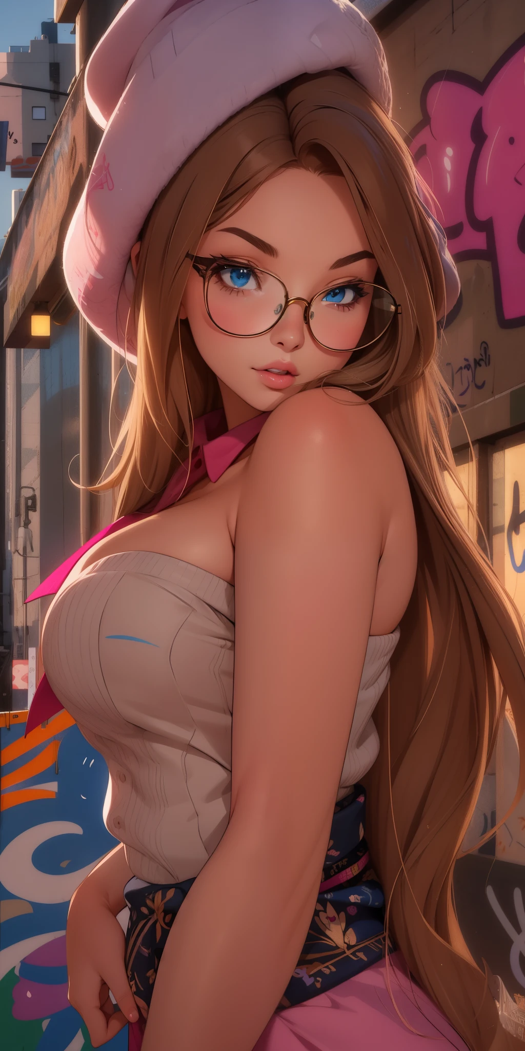 best quality, ultra-detailed, photorealistic: 1.39) masterpiece, best quality, Beautiful girl, light brown hair, stylish glasses, pink lips, face photo, blue eyes, graffiti background, neckline, blouse and winter hat