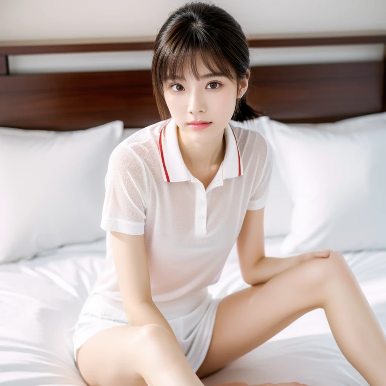 8k, High resolution, Anatomically correct, Attention to detail, Japanese woman wearing tennis wear, White short-sleeved polo shirt with collar,Ponytail hairstyle,White Skirt, Show off your beautiful thighs,Beautiful Face,clear, Beautiful Eyes,Beautiful Eyes,Inviting eyes,Kind eyes,Realistic depiction, photograph,Two Women,Exquisite,clear,Textured skin,clear skin,Small face,Small Mouth,Natural Makeup,Seduce,Embarrassing,, cowgirl position, open legs, on bed