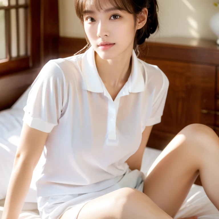 8k, High resolution, Anatomically correct, Attention to detail, Japanese woman wearing tennis wear, White short-sleeved polo shirt with collar,Ponytail hairstyle,White Skirt, Show off your beautiful thighs,Beautiful Face,clear, Beautiful Eyes,Beautiful Eyes,Inviting eyes,Kind eyes,Realistic depiction, photograph,Two Women,Exquisite,clear,Textured skin,clear skin,Small face,Small Mouth,Natural Makeup,Seduce,Embarrassing,, cowgirl position, open legs, on bed