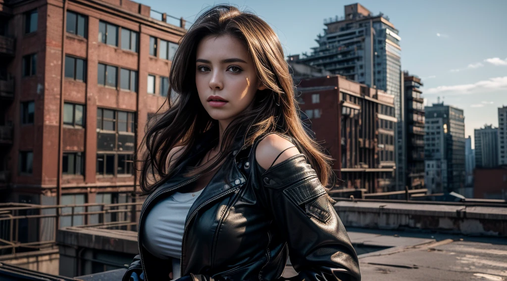 ((masterpiece, best quality, Highest image quality, high resolution, Reality, RAW photos, 8K)), Future city ruins，Background huge，Girl standing on the roof，Tight leather jacket，Off-shoulder，Large Breasts，Long hair，Pretty face，Closed mouth，dramatic，Mid-range portrait，midnight