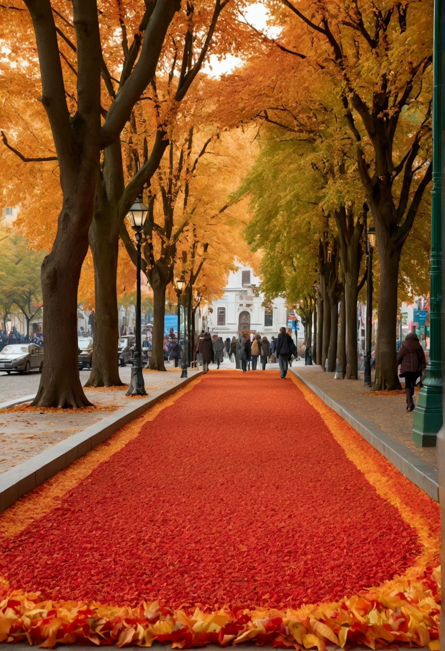 (Best quality,4K,8K,A high resolution,Masterpiece:1.2),(paper art:1.2,The art of paper:1.3),Ultra-detailed,(Realistic,Photorealistic,photo-realistic:1.37),Autumn Street,illustration,Beautiful autumn colors,Vibrant foliage on sidewalks and streets,Cozy atmosphere,Fresh air,People strolling on the sidewalk,Warm golden sunlight pours down through the trees,Seasonal décor adds charm and warmth,The leaf-covered ground crunched under the sound of footsteps,Nostalgic architecture with intricate details,Narrow cobbled streets wind through the city,Historic building with colorful facades,Bustling café,Outdoor seating available,People enjoy hot drinks and chat,Fallen leaves swirl in the breeze,Soft shadows cast by trees,Picturesque town square,There is a majestic fountain,The leaves float gently in the water,Fallen leaves form a natural carpet,The artist captures the scene on canvas,The autumn fragrance of cinnamon and baked goods wafts from a nearby bakery,Endless trees in blooming autumn splendor,leaves rustling in the wind,Autumn Fashion,Wear yours with a cosy scarf and jacket,People stop to photograph the picturesque landscape,Children playing in piles of leaves,Autumn harvest displayed at the local market,Spontaneous street performances spread joy and laughter,Friendly smile and warm greeting,Fallen leaves dance in the sun,a peaceful and serene atmosphere,Enjoy the tranquility of bright colors,The magical atmosphere that captures the essence of autumn.