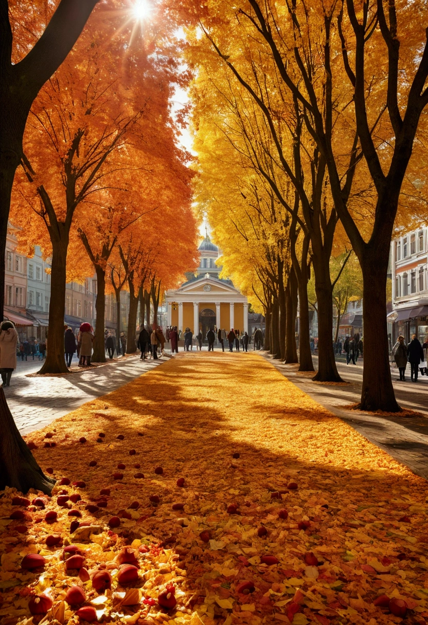 (Best quality,4K,8K,A high resolution,Masterpiece:1.2),(paper art:1.2，The art of paper:1.3)，Ultra-detailed,(Realistic,Photorealistic,photo-realistic:1.37),Autumn Street,illustration,Beautiful autumn colors,Vibrant foliage on sidewalks and streets,Cozy atmosphere,Fresh air,People strolling on the sidewalk,Warm golden sunlight pours down through the trees,Seasonal décor adds charm and warmth,The leaf-covered ground crunched under the sound of footsteps,Nostalgic architecture with intricate details,Narrow cobbled streets wind through the city,Historic building with colorful facades,Bustling café，Outdoor seating available,People enjoy hot drinks and chat,Fallen leaves swirl in the breeze,Soft shadows cast by trees,Picturesque town square，There is a majestic fountain,The leaves float gently in the water,Fallen leaves form a natural carpet,The artist captures the scene on canvas,The autumn fragrance of cinnamon and baked goods wafts from a nearby bakery,Endless trees in blooming autumn splendor,leaves rustling in the wind,Autumn Fashion，Wear yours with a cosy scarf and jacket,People stop to photograph the picturesque landscape,Children playing in piles of leaves,Autumn harvest displayed at the local market,Spontaneous street performances spread joy and laughter,Friendly smile and warm greeting,Fallen leaves dance in the sun,a peaceful and serene atmosphere,Enjoy the tranquility of bright colors,The magical atmosphere that captures the essence of autumn.