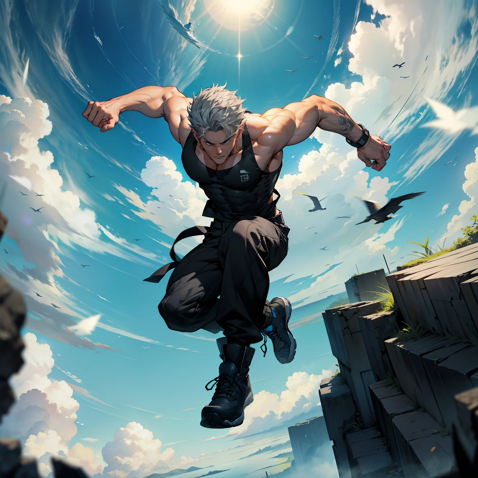 boys 26 Years old, Serious face, muscular, ((black singlets)), black pants, gray hair, floating on air, levitate on sky, blue sky, cloud