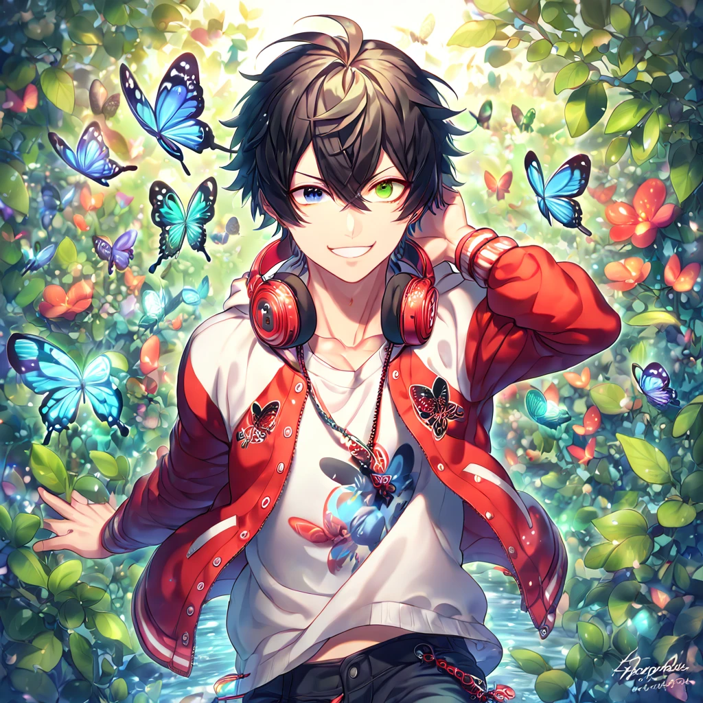 absurdres, highres, ultra detailed, HDR, master piece, best quality, extremely detailed face, Yamada Ichiro, chin length black hair, heterochromia, right eye green, left eye red, Hypnosis Mic, solo, sexy man, handsome, handsome smile, red varsity jacket, white hoodie, red headphones around his neck, fantasy, magical, butterflies, summer, green leaves, flowers, water