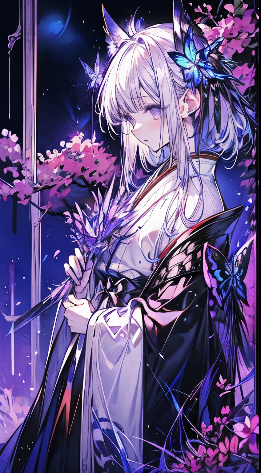 ((8k,detailed,Beautiful eyes,))butterfly, magic florest, Wind景, wood, Flowers, Bush, colorful, Vivid colors, Shadow, Contrast, Fantasy, depth, river, bird, Wind, relax atmosphere, Calm, peace,the image pass an peaceful feeling, Beautiful sky,cloud,Light passing through the branches,Bakkolic,relax, after the rain, Life, nature, Complex, Vivid, Old ruins, Broken pillars, no_human, Ancient, Fantasy, heaven, This is a sacred image, the painting pass a Calm feeling,This is the winning image, Images convey synesthesia of softness,Japan holding a sword,butterflyの羽をもつ女の子,Silver Hair,Silver Hair,Fox ears,20-year-old woman,White and black hakama,Purple armor,front