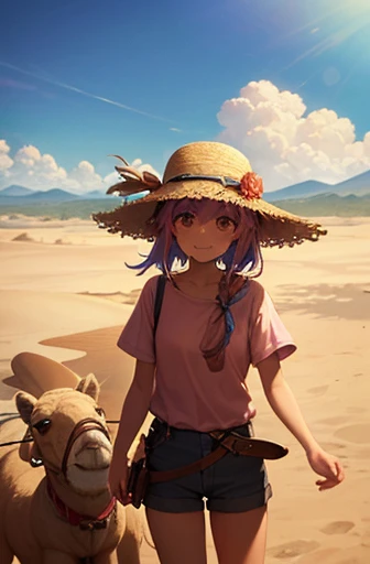 Whimsical, hand-drawn illustration featuring a desert scene. The layout includes a large, anthropomorphic sun with a smiling face and rosy cheeks in the sky, radiating warmth with stylized rays. Below, a camel with a saddle rests on the sandy ground, surrounded by sparse vegetation. To the right, a person with light skin, blue hair, and wearing a straw hat, pink shirt, and shorts is depicted sweating and holding a water bottle. The person appears to be gesturing towards the sun with a concerned expression. The overall color palette is warm and earthy, with shades of yellow, orange, and brown dominating the scene.