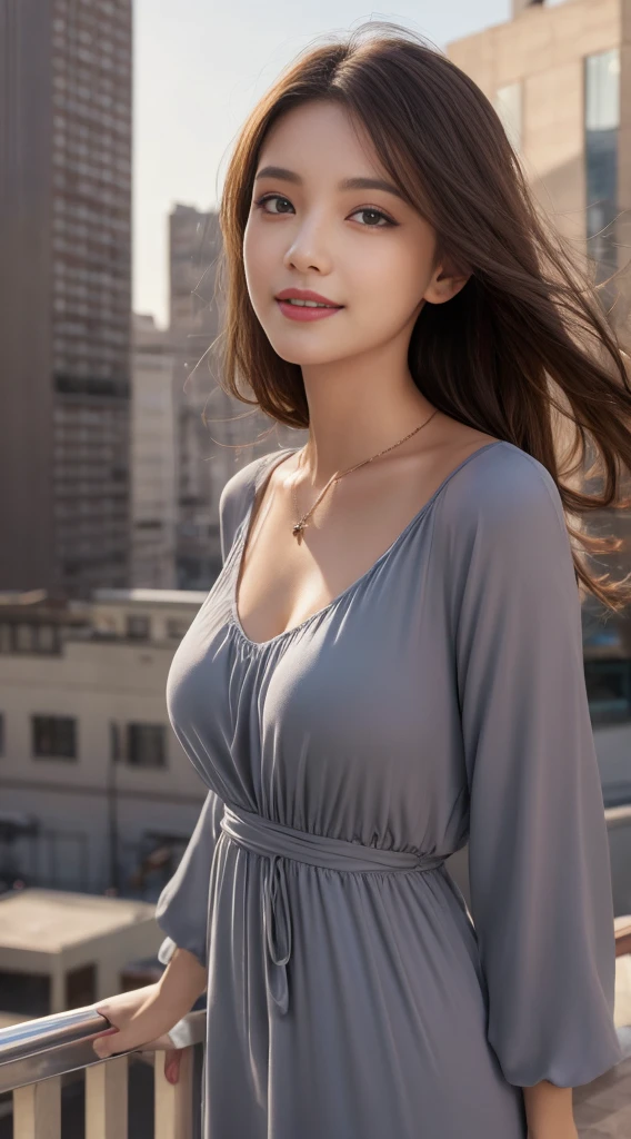 (best qualtiy,A high resolution,tmasterpiece:1.3),A tall and beautiful woman,Slender Abs,Dark brown hair in loose wavy styling,nedium breasts,Wear a pendant,(Gray tight nightdress:1.3),(Modern architecture in background),Beautifully rendered details in face and skin textures,Detailed eyes,double eyelid,(grin:1.3)