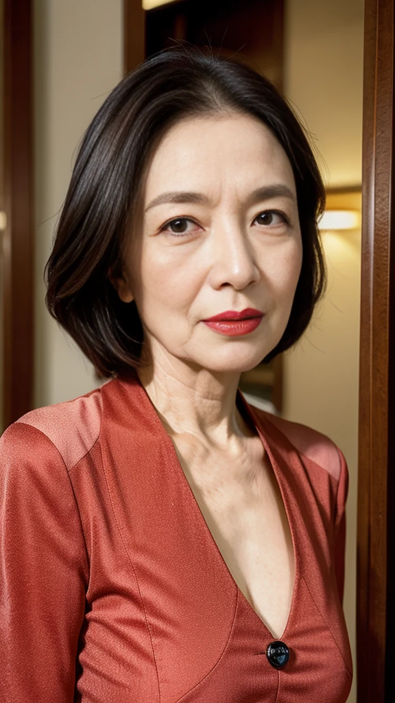 Masterpiece, Beautiful finish, Beautiful mature woman、63-year-old woman、Face close-up,Red lips, Thin lips, formal, brooch, Light from the front
