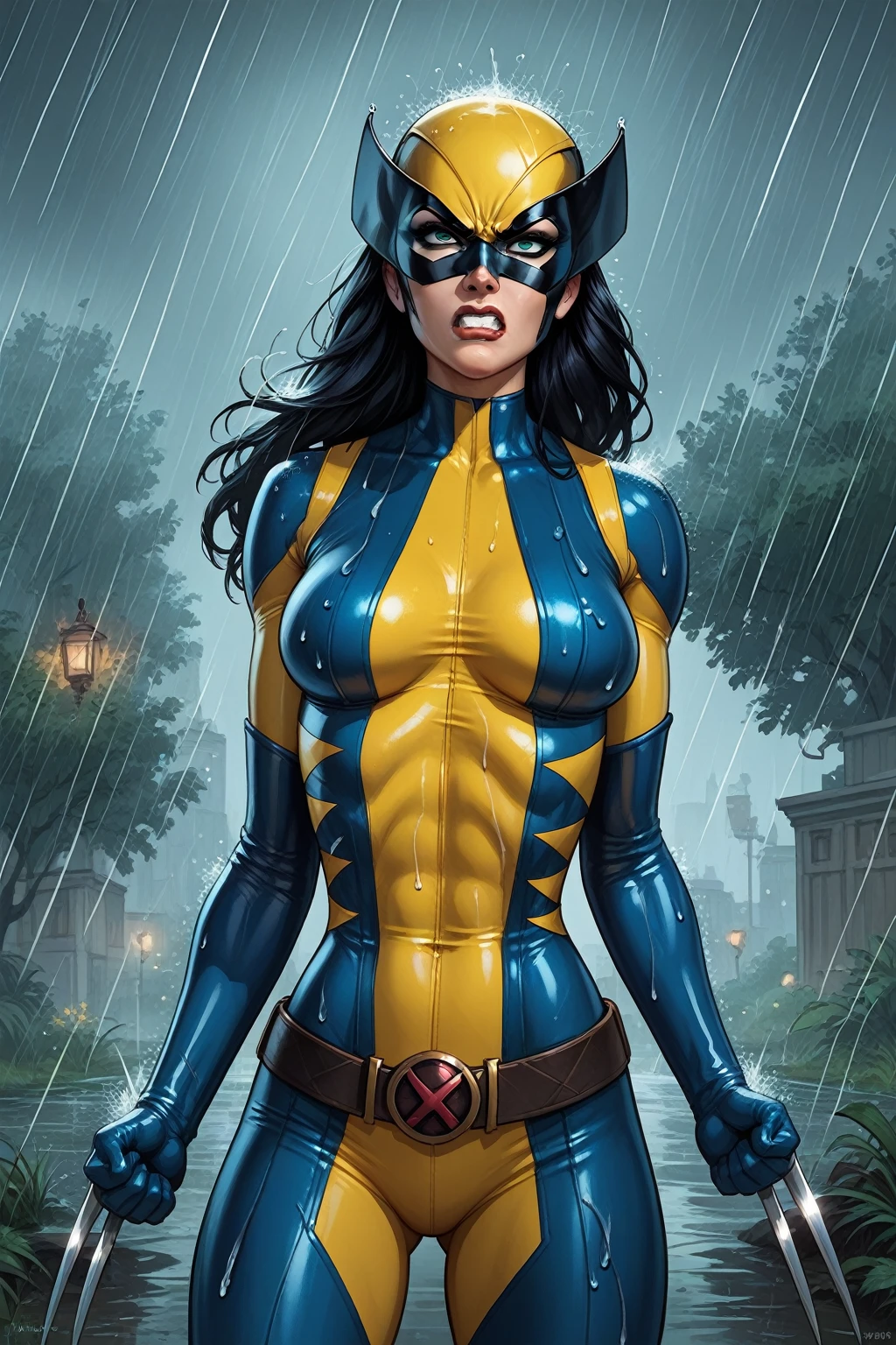 score_9, score_8_up, score_7_up, masterpiece, high quality, BREAK
LraKinyX, long hair, mask, bodysuit, gloves, belt, angry, rain, weapon, claws