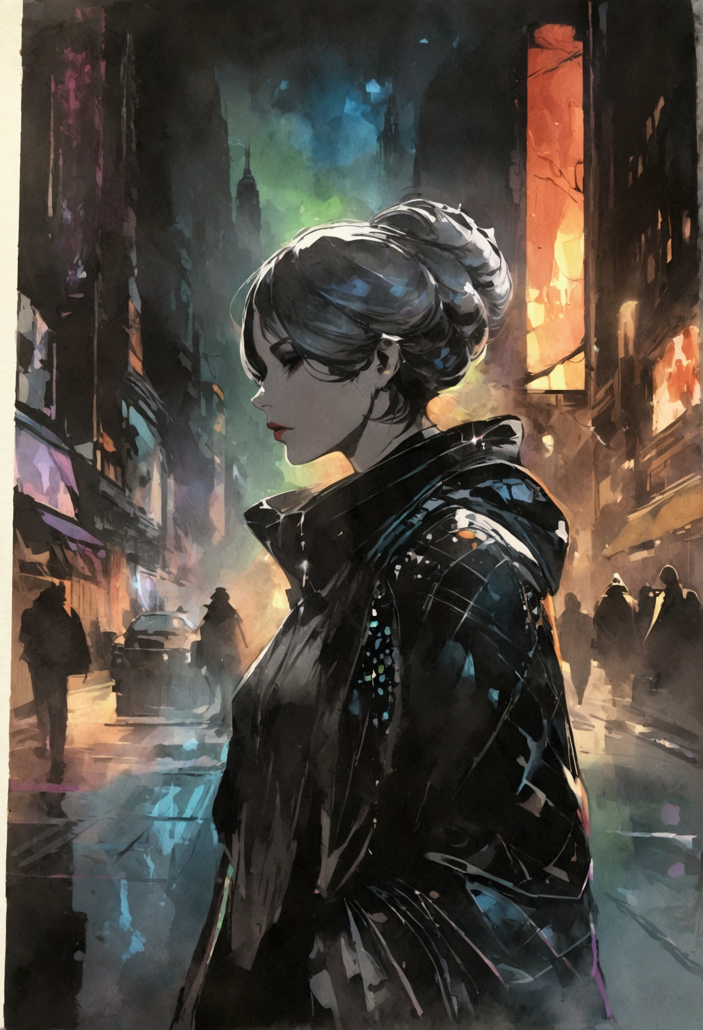Sketchbook masterpiece captures street life in New York, a pop-horror scene in Russ Mills' dark fantasy style, incorporates retro-tech elements, abstract oil painting with dark matte background, volumetric lighting creates suspense and eeriness, broken glass effect with no discernible background, mythical beings emit molecular textures and iridescent scales, divine and unforgettable presence, energy auras and vivid color reflections combine in a watercolor aesthetic