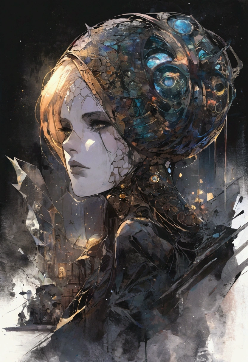 Sketchbook masterpiece captures street life in New York, a pop-horror scene in Russ Mills' dark fantasy style, incorporates retro-tech elements, abstract oil painting with dark matte background, volumetric lighting creates suspense and eeriness, broken glass effect with no discernible background, mythical beings emit molecular textures and iridescent scales, divine and unforgettable presence, energy auras and vivid color reflections combine in a watercolor aesthetic