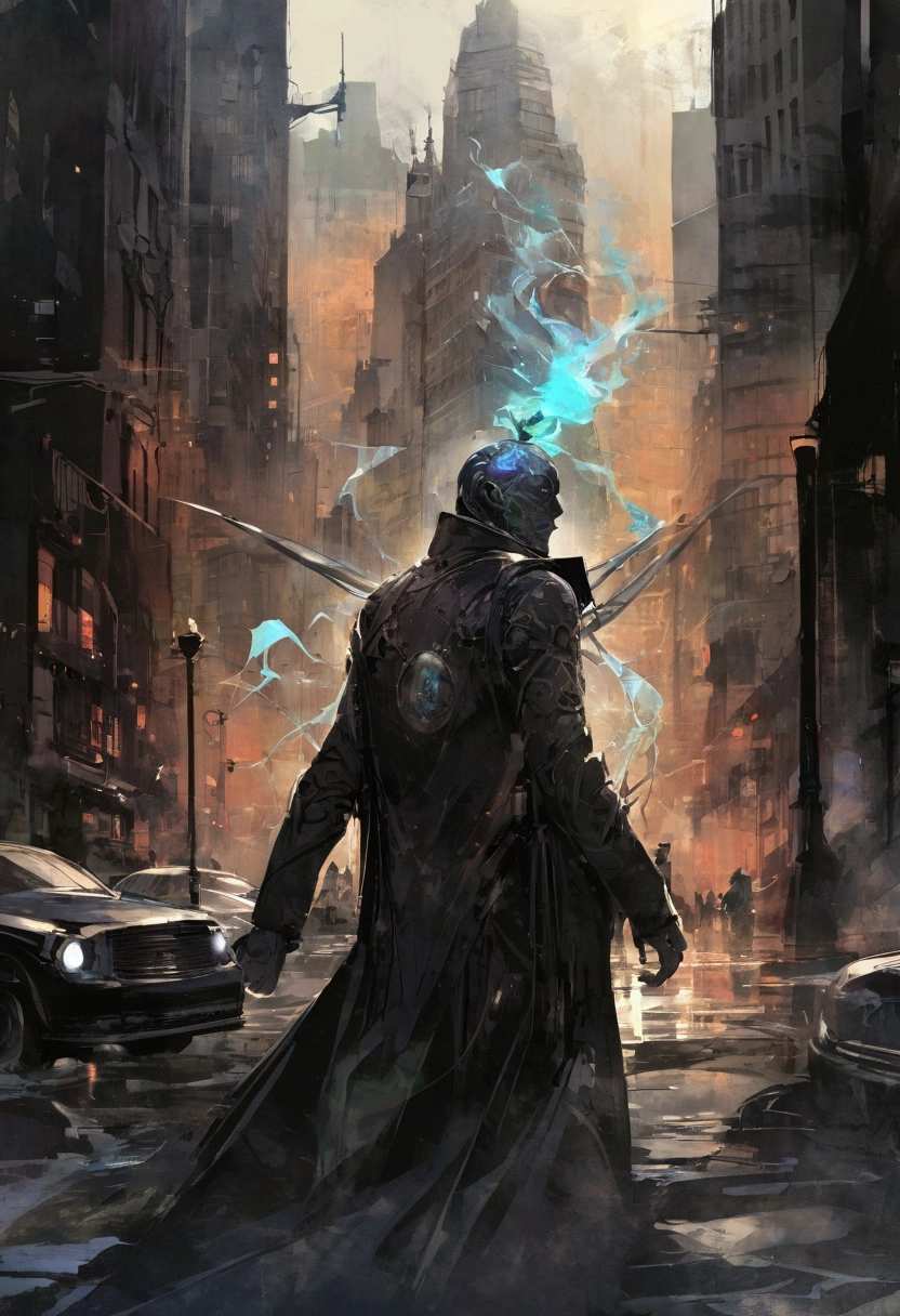 Sketchbook masterpiece captures street life in New York, a pop-horror scene in Russ Mills' dark fantasy style, incorporates retro-tech elements, abstract oil painting with dark matte background, volumetric lighting creates suspense and eeriness, broken glass effect with no discernible background, mythical beings emit molecular textures and iridescent scales, divine and unforgettable presence, energy auras and vivid color reflections combine in a watercolor aesthetic