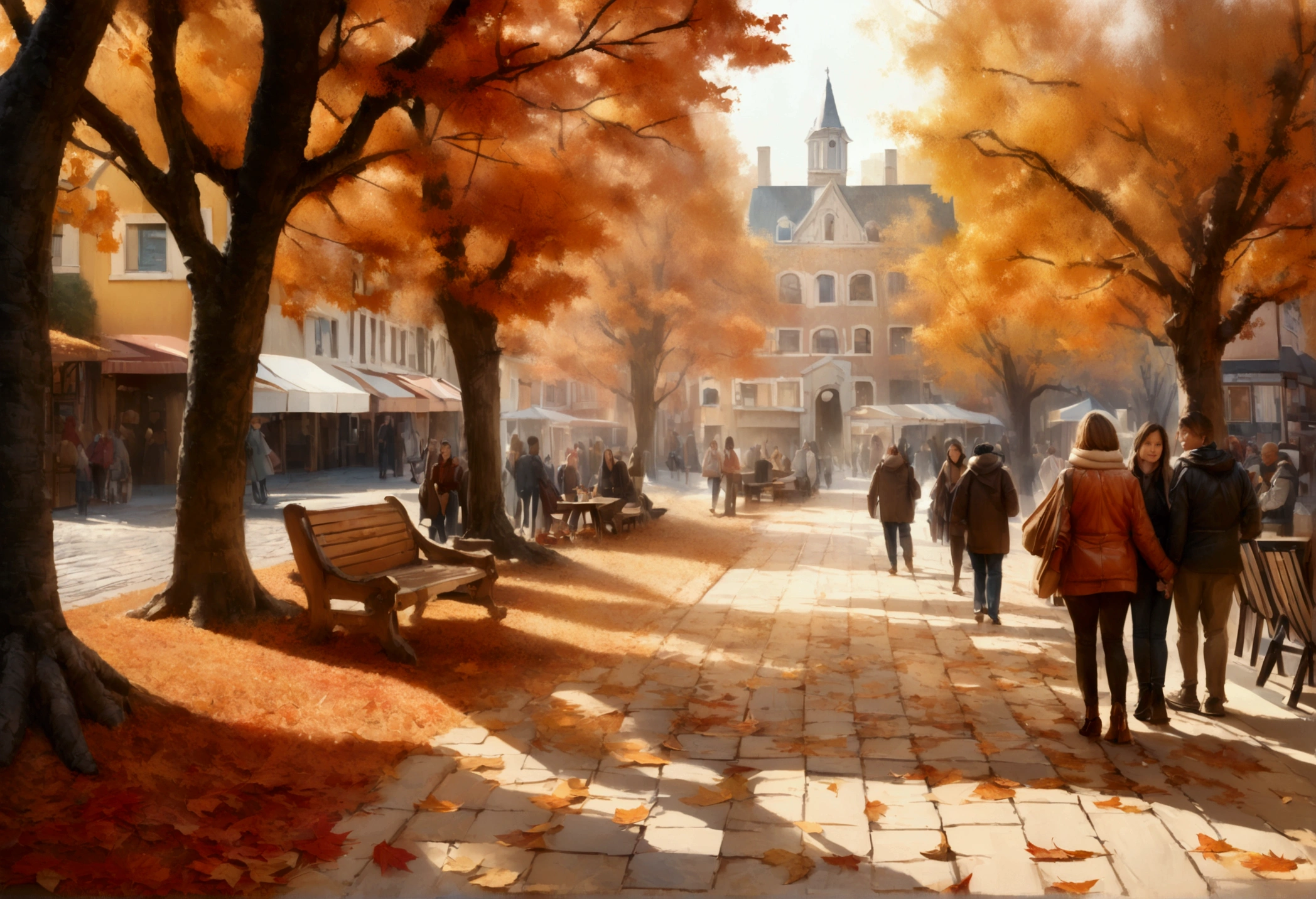 (Best quality,4K,8K,A high resolution,Masterpiece:1.2),(paper art:1.2,The art of paper:1.3),Ultra-detailed,(Realistic,Photorealistic,photo-realistic:1.37),Autumn Street,illustration,Beautiful autumn colors,Vibrant foliage on sidewalks and streets,Cozy atmosphere,Fresh air,People strolling on the sidewalk,Warm golden sunlight pours down through the trees,Seasonal décor adds charm and warmth,The leaf-covered ground crunched under the sound of footsteps,Nostalgic architecture with intricate details,Narrow cobbled streets wind through the city,Historic building with colorful facades,Bustling café,Outdoor seating available,People enjoy hot drinks and chat,Fallen leaves swirl in the breeze,Soft shadows cast by trees,Picturesque town square,There is a majestic fountain,The leaves float gently in the water,Fallen leaves form a natural carpet,The artist captures the scene on canvas,The autumn fragrance of cinnamon and baked goods wafts from a nearby bakery,Endless trees in blooming autumn splendor,leaves rustling in the wind,Autumn Fashion,Wear yours with a cosy scarf and jacket,People stop to photograph the picturesque landscape,Children playing in piles of leaves,Autumn harvest displayed at the local market,Spontaneous street performances spread joy and laughter,Friendly smile and warm greeting,Fallen leaves dance in the sun,a peaceful and serene atmosphere,Enjoy the tranquility of bright colors,The magical atmosphere that captures the essence of autumn.