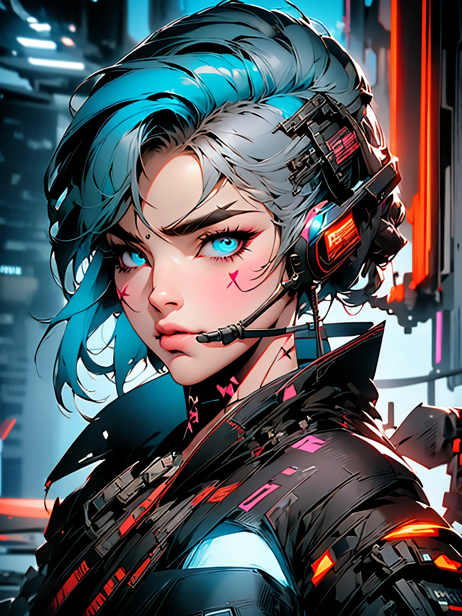 4 cartoon style cards, cyber punk, shorth hair, thick eyebrows, punk digital, 4K anime-style, short sleeve gaming clothes, Bblack hair, Informatics room, hanging gaming headset