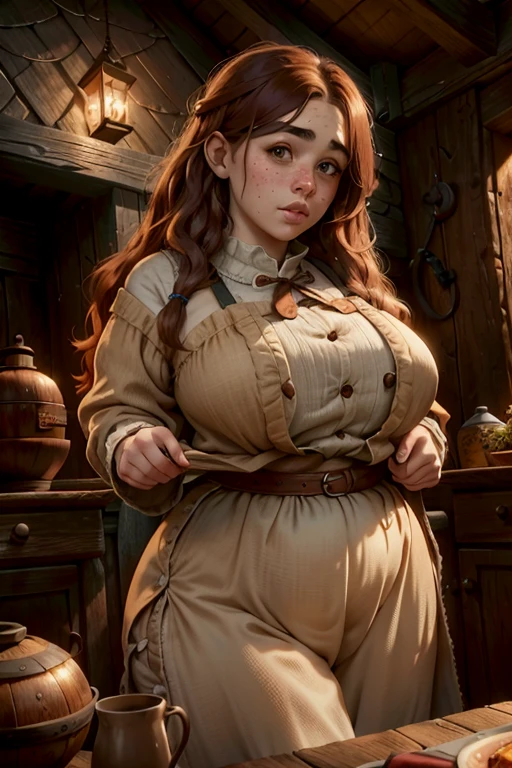 1 chubby female dwarf, long wavy ginger hair, thick eyebrows, dark brown eyes, freckled face, plump lips, round face, wearing modest peasant clothes, large bust, broad hips, innocent gaze, rustic cabin setting, highly detailed, photorealistic, 8K, masterpiece, digital art, cinematic lighting, warm color palette, natural textures