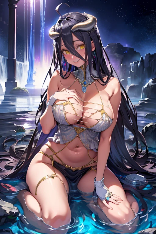 ((Highest quality)), ((masterpiece)),(detailed),High resolution,Sharp focus,Perfect Face,1woman,(complete anatomy),
(非常にdetailed CG unity 8k wallpaper),(((Vibrant colors))),{best illustration},Perfect Fingers,
Albedo, Black Hair,Ahoge, White Devil's Horn,Glowing yellow eyes, Long pupils Glamorous_expensive_Tight waist_Long legs,Curved,Cleavage, (Huge hips:1.3),(Huge breasts, Glamour:1.1),
Black wings,(Low Wing:1.1), Wings with feathers,Gold Jewelry,White gloves,
shiny 肌,very shiny 肌,Shiny body,plastic glitter 肌,exaggerated shiny 肌,illuminated 肌,
((detailedなボディ)),(detailedな顔)), cute,Lewd,erotic,Bold,Shy laugh,
Wicked Smile,
Arrogant look, Open legs wide, spread legs, ((Lie on back)), Place your hand on your chest,
Temple of the Water God,Marble pillar,Marble floor,White stone wall,Plants that decorate the surrounding area,Water channel on floor,Wall with water flowing down, splash of water, light particles,Shines brightly,
Ch4in Bikini, Jewelry,