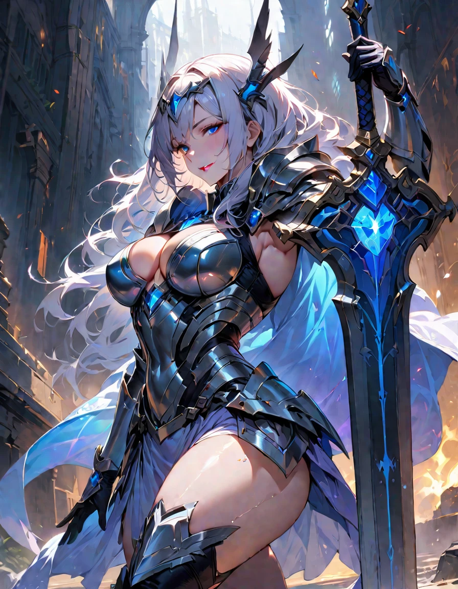 1 young beautiful woman,(Highest quality,Extremely detailed depiction,Incredibly absurd high resolution,Anatomically accurate depiction,Curvy Legs),(Glowing Skin,Shiny skin),(Cool Female Swordswoman),(Sacred Armor,Holy sword,pocket),(Blue Eyes,Half-closed eyes:1.3,Shadowed face,lipstick,There is cleavage in the chest,Cold expression),Standing posture