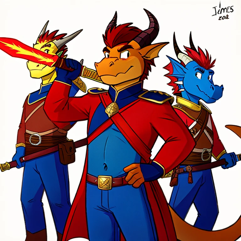 A cartoon picture of a handsome male Furry Blue Western Dragon with horns, dragon nose with red hair and a long tail in a red coat army costume and blue pants named James holding his long fire sword, navel