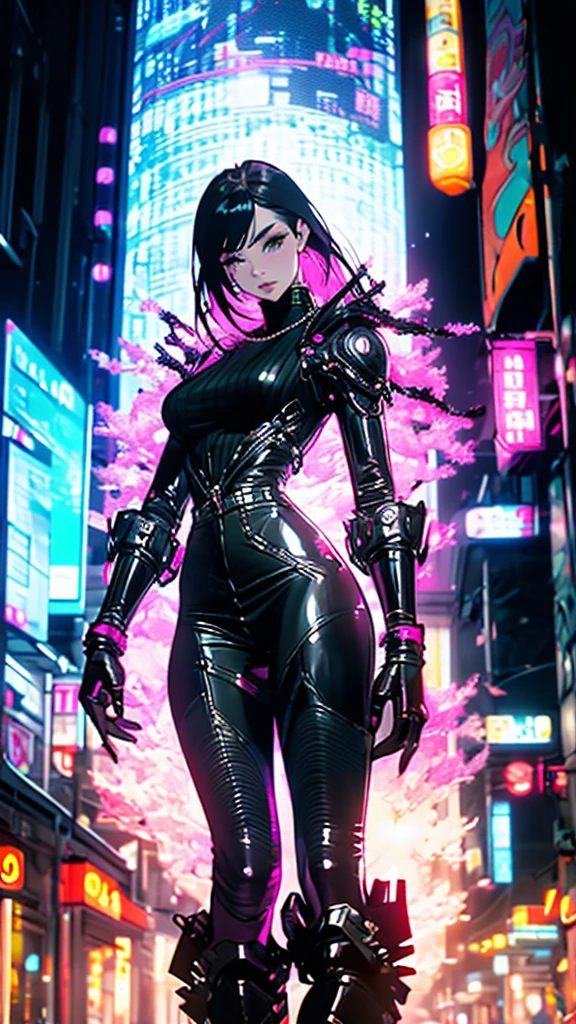 attractive Rebecca from Cyberpunk, looking stunning. She should have her signature edgy style, with vibrant, futuristic clothing that accentuates her figure. Capture her confident and bold expression, set against a neon-lit, cyberpunk cityscape, filled with towering skyscrapers and bustling streets. Emphasize her striking appearance and the high-tech, dystopian atmosphere. Cyberpunk, Futuristic, Female Protagonist, Neon, Urban, Edgy Style, Dystopian.