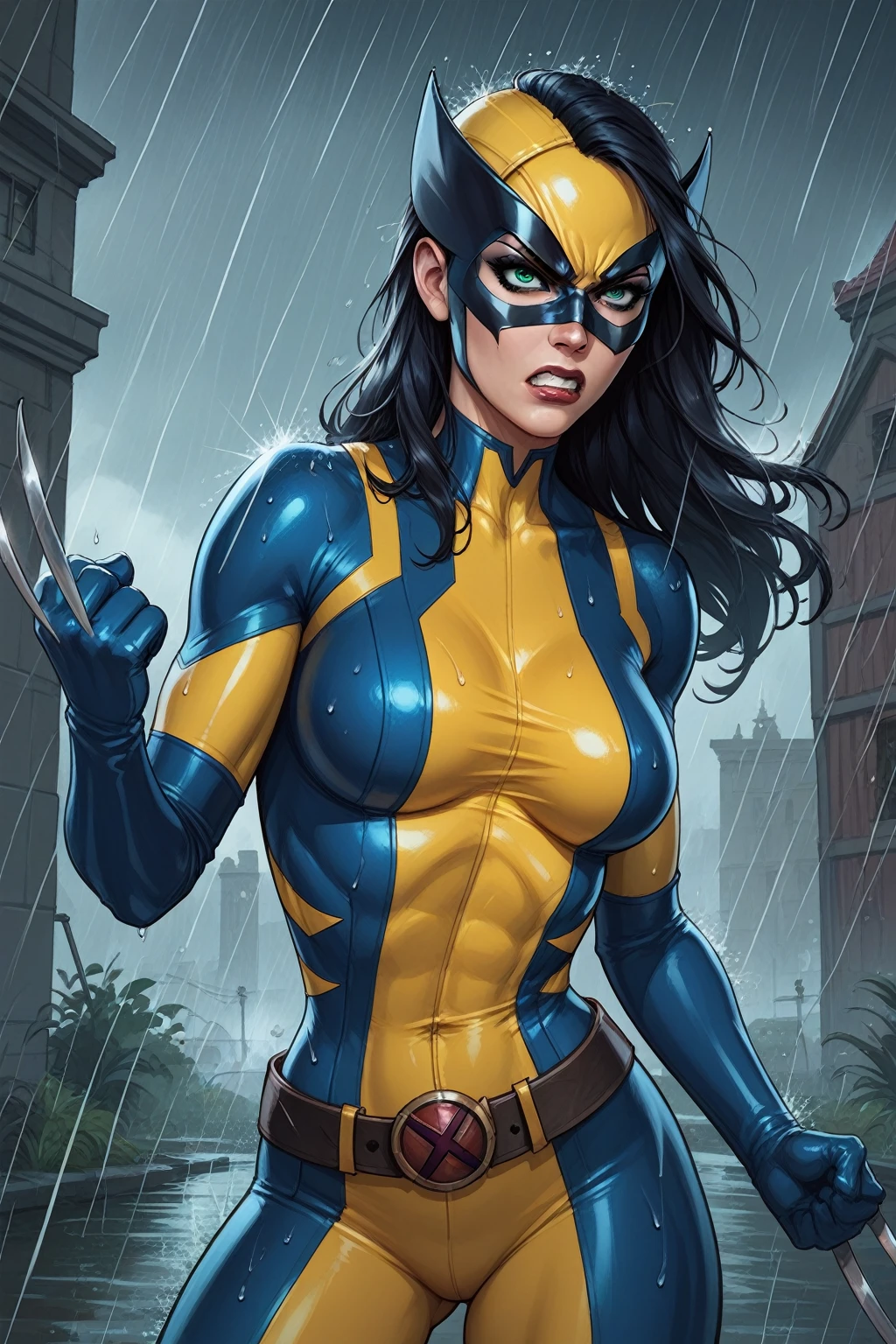 score_9, score_8_up, score_7_up, masterpiece, high quality, BREAK LraKinyX, long hair, mask, bodysuit, gloves, belt, angry, rain, weapon, claws
