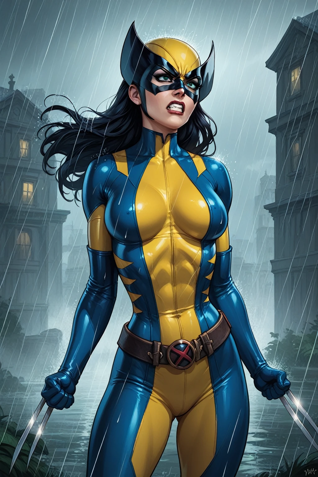 score_9, score_8_up, score_7_up, masterpiece, high quality, BREAK LraKinyX, long hair, mask, bodysuit, gloves, belt, angry, rain, weapon, claws