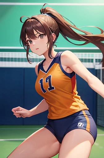Highest quality, Great quality, 16K, Unbelievably absurd, Very detailed, 2.5D, delicate and dynamic, (Makoto Kino),Small face, Very delicate look, Delicate eye depiction, Very Fine Hair, erotic, sexyな女性, Healthy body shape, Volleyball player uniform height: 175cm, Light brown long hair,ponytail、A sparkling smile,sexyな長い脚, Glowing Skin, The background is the gymnasium,1990s \(style\),、(F-cup beautiful breasts)、Muscular、sexy,Cinema Lighting, (完璧なGlowing Skin:0.6),Always high quality CG Unity 8K wallpapers