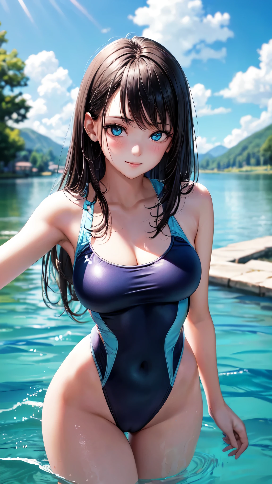 (((4K,masterpiece,best quality,ultra detailed,high resolution))),nsfw,(daytime,clear weather,front light),((solo)),looking viewer,(beautiful girl),(age),(black hair,long hair,straight hair),(beautiful detailed face,beautiful detailed eyes),(finely detailed skin,fair skin),slender,light smile,shy,(competition swimsuits,light-cyan swimsuits),(on the beautiful lake,beautiful sky),((cowboy shot)),from above,(medium breast,perky breast,medium hip),(cameltoe),close up face,