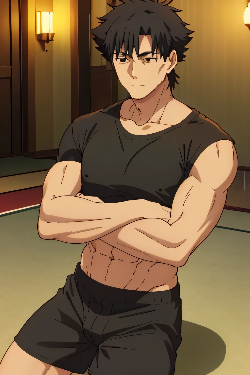 Kiritsugu is sitting and flexing his arms. He wears a black tshirt with short sleeves. His right sleeve is completely rolled up, so you can see his entire arm and shoulder. He wears black short boxershorts. You can see his thighs completely. He has a huge bulge. You can see his abs too. He is admiring his arms.