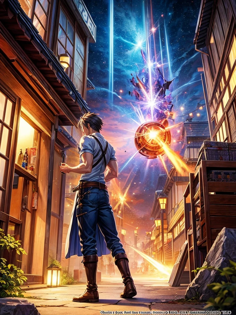 Manga cover, in a fantasy world on one half, a small beer truck hits a guy on one half, Isekai, between worlds, dimension rift