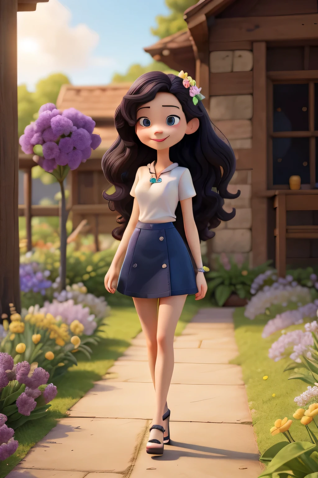 Create a 3D illustration，Represents a woman admiring flowers in a garden, Contains the following elements:

The character is a woman of medium build, Black long hair, Adopt elegant style.
She is wearing a white top and a blue skirt, Convey a casual image.
In her right hand, She holds a bouquet of purple flowers.
She stood in the garden，Colorful flowers are blooming。The sun is shining。
The character must smile in a lighthearted way, Convey a relaxed and pleasant atmosphere.
Illustration design must follow the visual pattern characteristics of PIXAR animation, Smooth lines, Realistic textures and lighting enhance the details of the scene.