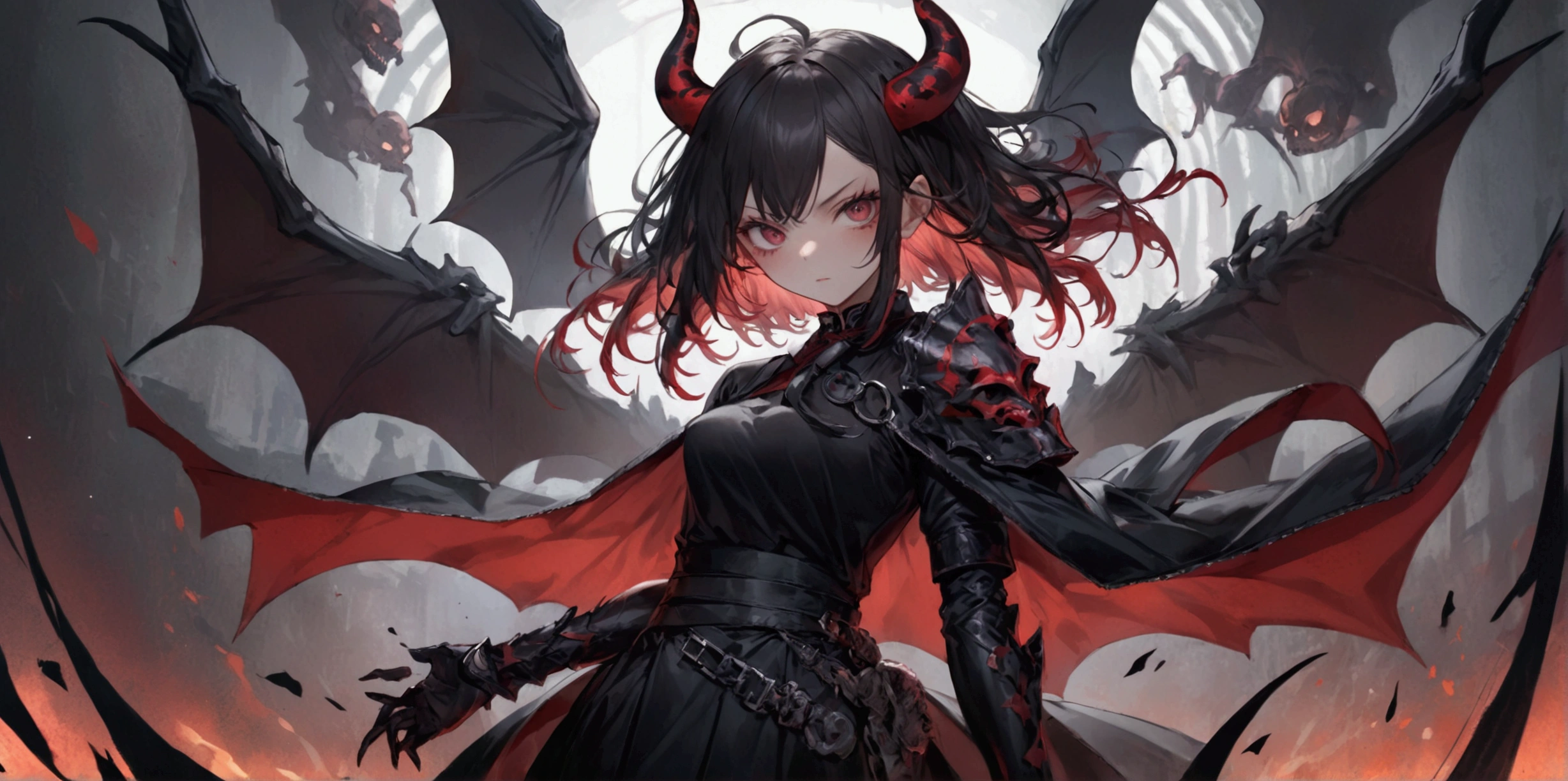 fantasy art, RPG art, masterpiece, a portrait picture o hellish female demon from hell, she has (black horns: 1.2), (black: 1.2) demon wings, (red: 1.3) skin, red lava dripping from her, she wears white armor, hdsrmr, streams of rolling lava, hell in the background, 3d rendering
