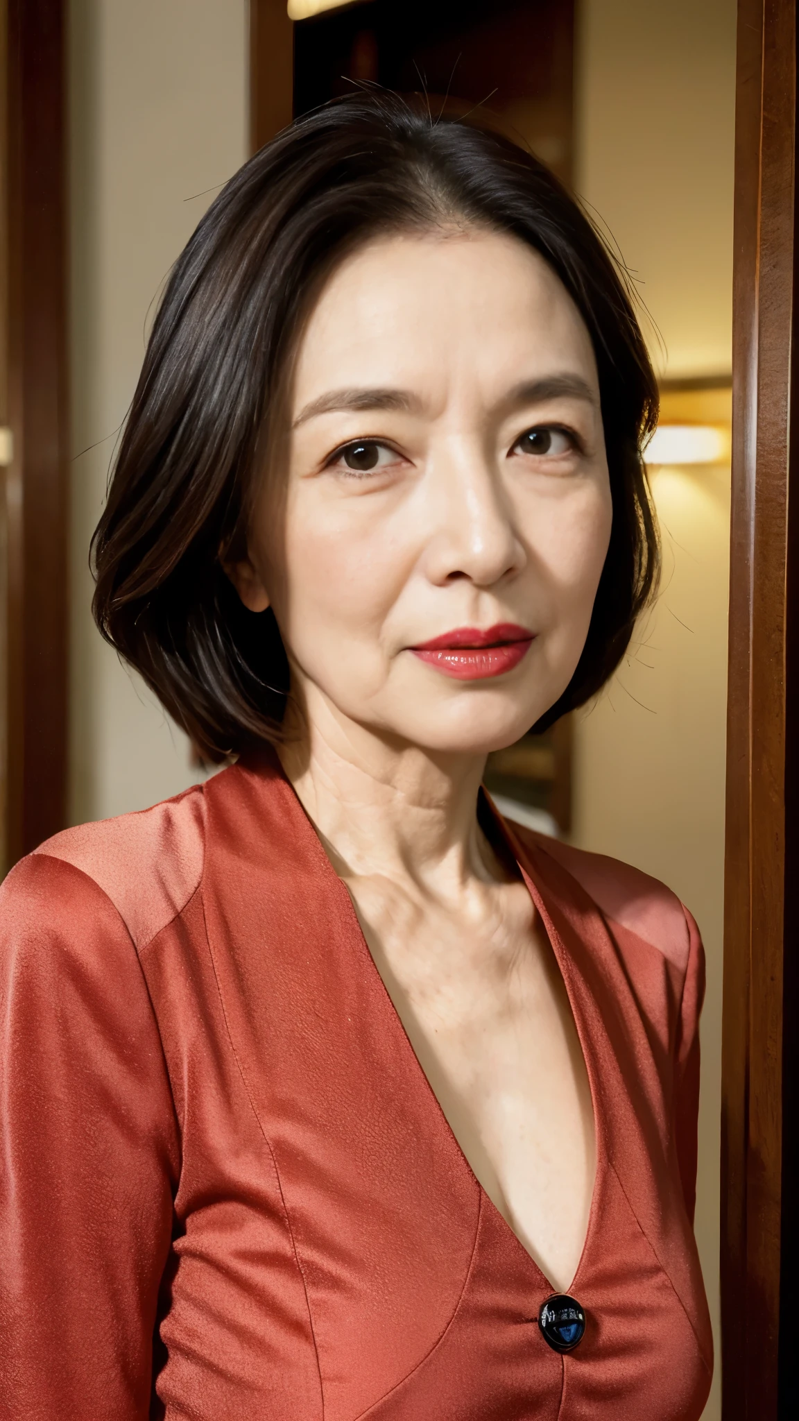 Masterpiece, Beautiful finish, Beautiful mature woman、63-year-old woman、Face close-up,Red lips, Thin lips, formal, brooch, Light from the front