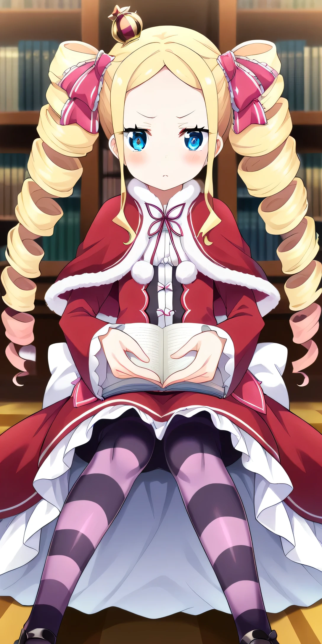 score_9, score_8_superior, score_7_superior, sauce_anime, masterpiece,One girl, Beatrice Zero, Red Cape, Red dress, Fur trim, Frills, Frillsのドレス, Frills袖, pom-pom \(Clothes\), Neck ribbon, Striped pantyhose, symbol-shaped psuperiorils,  View your viewers, Sitting, Crossing your legs, 膝のsuperiorに置いた本, library, read,  Blushing, Opening arms