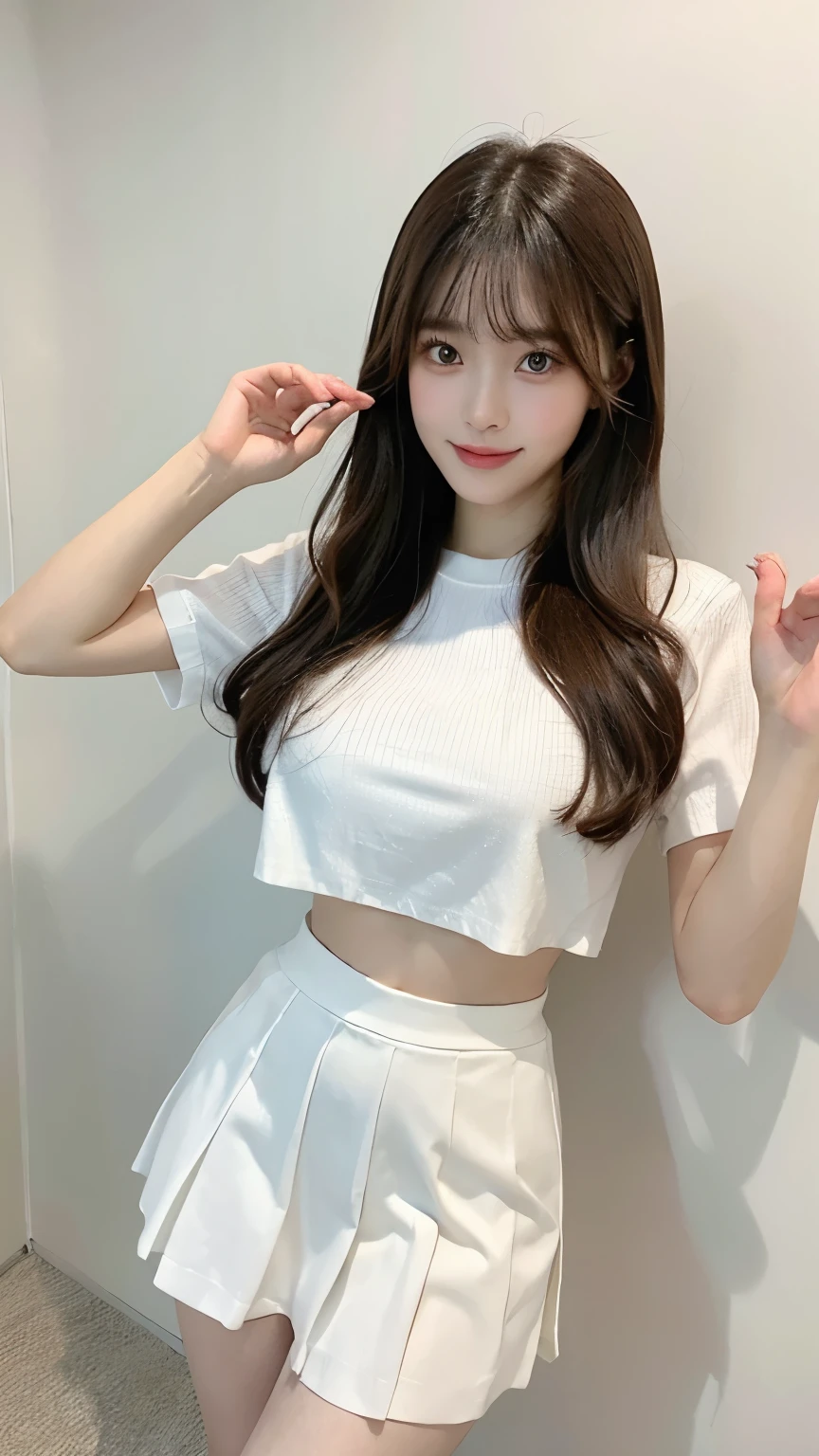 Chinese Girl、 girl、Long hair、Bangs、Brown eyes、Perfect body、transparency、luster、Large Breasts、White shirt、Hip skirt、tight skirt,Cute face,Full figure,Seductive Stance,dance,Carve idol poses、sock、Standing,Beautiful Feet,Long legs、whole body、panoramic、I can see your thighs、Smile