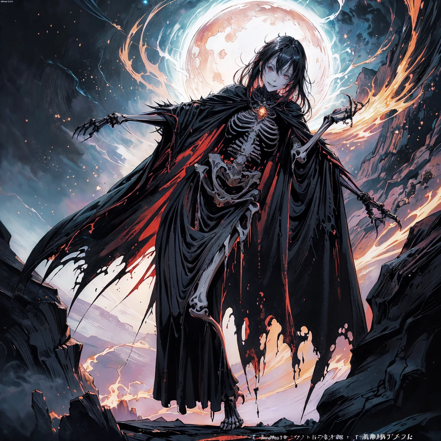 (full body shot:1.5), (Wide-angle lens:1.2), (black hair:1.5), best quality, 4K, high resolution, (masterpiece:1.2), Very detailed, (current:1.37), (Anatomically correct:1.2), Mood lighting, Undead girl in a long cloak, (Torso and limb is skeleton bone but head is still beautiful human face:1.3), Wearing a tattered gothic skirt, A sense of alienation, Dangerous sneer, Smiling and crying, Dark Force (StarWar), Force lightning radiates from fingertips, Facing the camera, Pitch black sky, Blood red moon, strange atmosphere, Gothic style, Unforgettable beauty, Dramatic shadows, Ethereal Light, Mysterious atmosphere, Resurrection from the grave, The Black Magic, Dead, Anime characters with black hair, Detailed cover design, Anime epic artwork, detailed key anime art, Be focused, dark fantasy artwork, Anime Fantasy Artwork, Official artwork with high detail, Dark Witch Panorama, Lich Vecna (d&d)