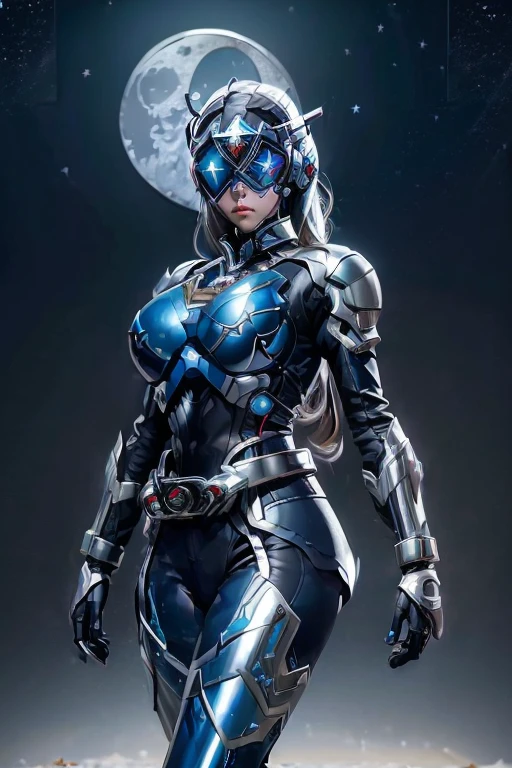 ((masterpiece、Highest quality、Very detailed、High resolution、Realistic、Sharp focus、Cinema Lighting))、(((1 adult female:1.6、Hourglass body type:1.9、Big Breasts)))、blonde、Bust Shot、High Contrast、Military black reinforced armor suit、Intricate details、黒の軍用フルフェイスHelmet、Black combat goggles、Black sunglasses、Full Face Armor、Gunfire、 Detailed depiction of the hand、Looking at the audience、Combat pose、Dynamic Action、Came、name: Kamen Rider Selene Gender: Female Age: Age 25 Occupation: Appearance height of astronomers and heroes: 170cm body type: スリムで筋肉質な髪color: シルバーblondeのヘアスタイル: Long Hair、ポニーテール
目のcolor: 藍color
【【Costume Design:
color: ((Metallic blue and silver as base colors、The star pattern reminiscent of the night sky is scattered、Bust-enhancing design.:1.6))。
Helmet: On a silver pedestal、Blue visor。The visor is decorated with a moon shape..。
armor: Made from lightweight titanium alloy、Emphasis on ease of movement。Streamlined shoulder and knee protectors。
boots and gloves: Boots are knee-length、Elbow-length gloves。どちらも銀colorです、There is a blue line。
Weapons and Equipment Main Weapon:
name: Lunar Blade Design: Moon-shaped sword、Features shiny edges。The handle is decorated with a star。
Secondary Weapon:
name: Stardust Shooter Design: Small light gun、Fires star-shaped energy bullets。
((Transformation Belt:
name: Selene Driver Design: Silver and blue belt、The moon and star emblem shines in the center..:1.8))。The emblem lights up when transforming..、Star effect appears。】】