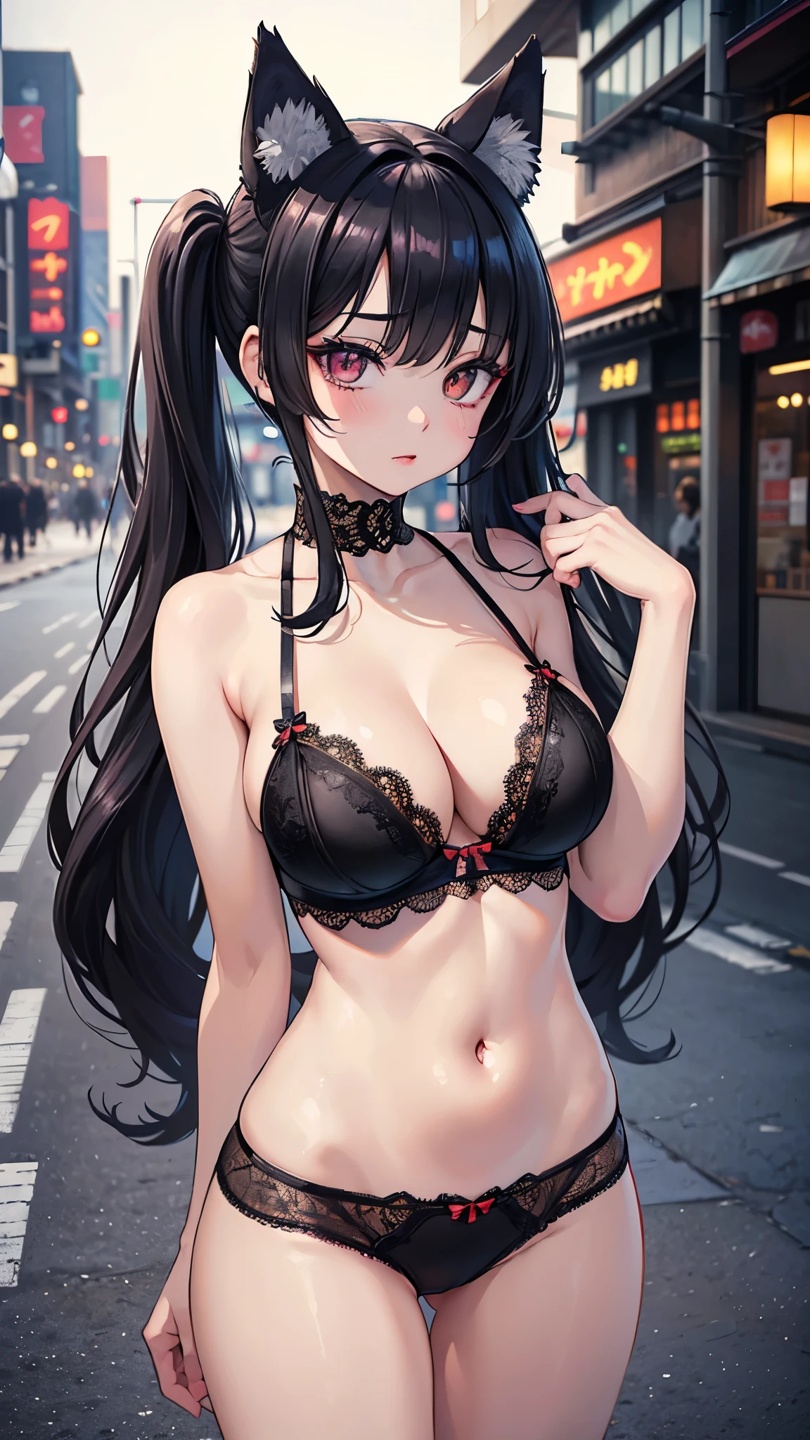 (masterpiece, 最high quality, 超High resolution, Very detailed), (Realistic:1.1, photoRealistic:1.4), Perfect illustration, Perfect lighting,Hair in perfect detail, Perfect and detailed face, Perfect collarbone, Perfect body,Juicy breasts, Perfect Thighs, Beautiful feet, View your viewers, 1 Girl,Perfect Face, (Perfect Anatomy, Anatomically correct), Symmetrical face、((Shiny Hair)),Sexy Body、(masterpiece),(最high quality:1.3),8k,Very clear,(Ultra-realistic),,Captivating woman,(high quality, High resolution, Fine details), Realisticなスタイルの女性,Juicy breasts、One perfect woman、Perfect Face、Symmetrical face、、((Large Breasts))、blush、((Juicy lips))、Cowboy Shot、((Wolf hair in black twin tails tied on the side))、((Wolf Ears))、((Big double black wolf eyes、Long eyelashes))、((Red makeup))、(((black lace bra)))、(((Black lace panties)))、(Outdoor、On the streets of Tokyo)