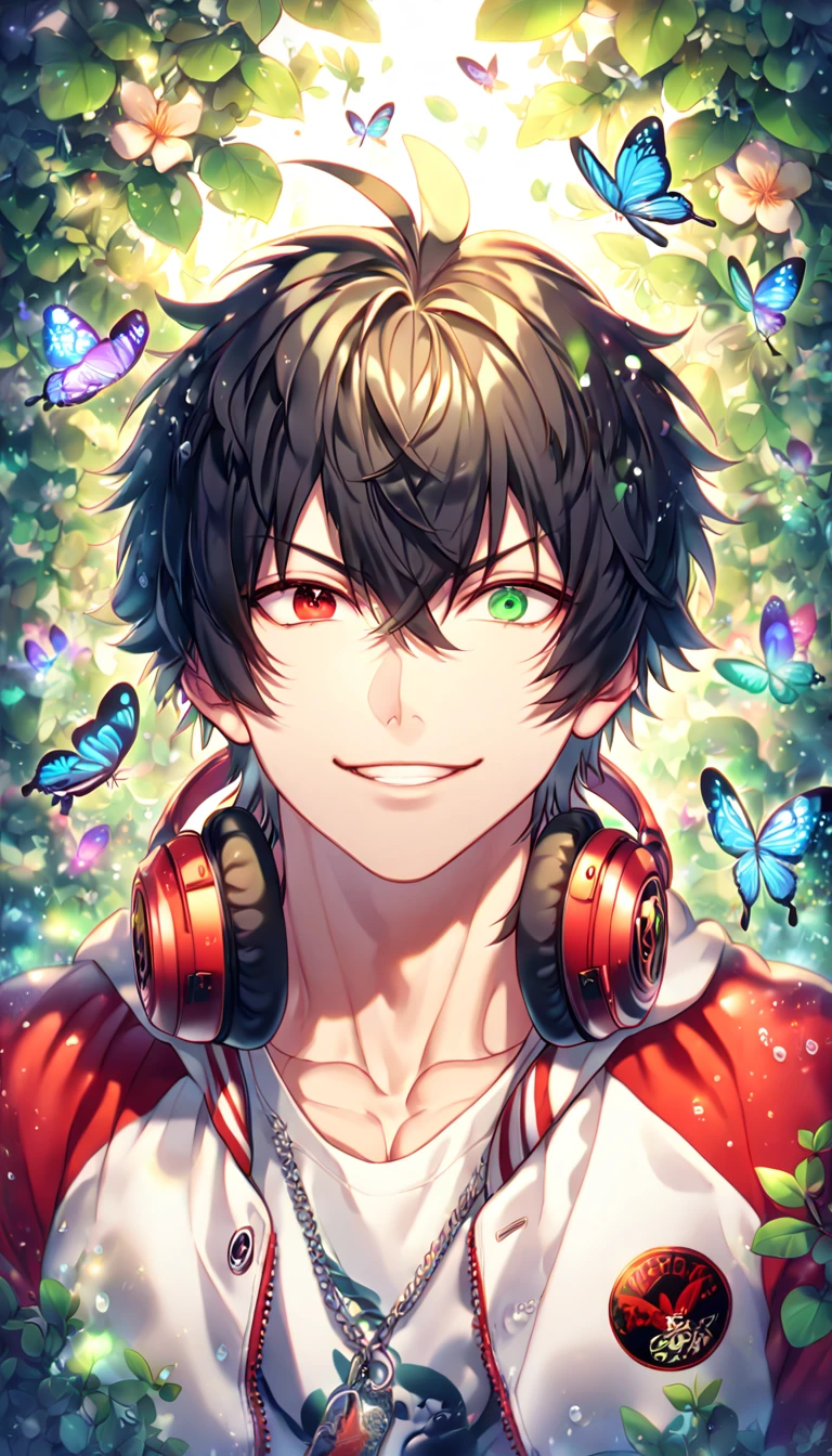 absurdres, highres, ultra detailed, HDR, master piece, best quality, extremely detailed face, delicated features, Yamada Ichiro, chin length black hair, heterochromia, right eye green, left eye red, Hypnosis Mic, solo, sexy man, handsome, handsome smile, red varsity jacket, white hoodie, red headphones around his neck, fantasy, magical, butterflies, summer, green leaves, flowers, water