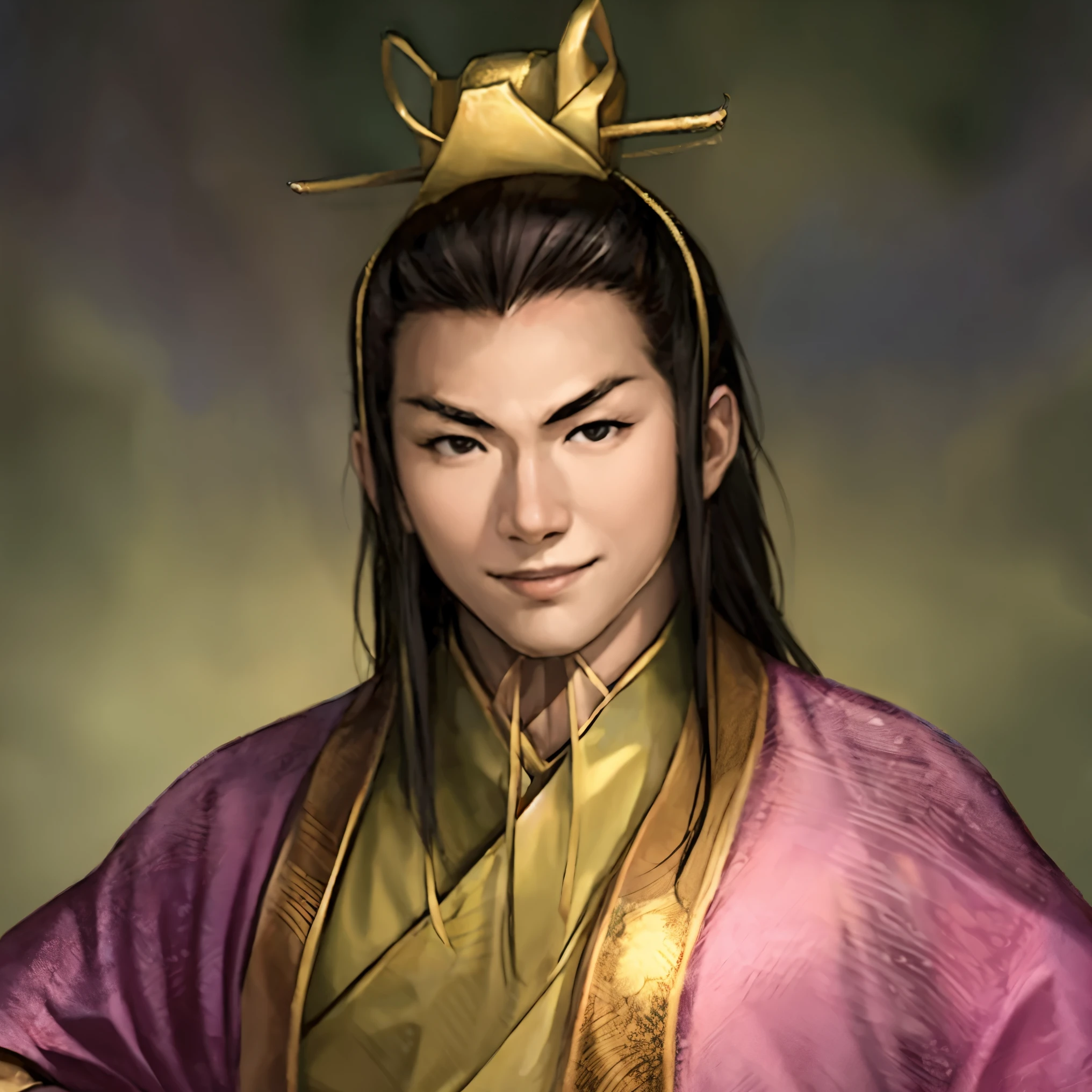 1man:1.5, masterpiece, best quality, best detail, best anatomy, best face, close-up, sangokushi11, chinese emperor, mianguan:1.8, young man, chinese clothes, smile,