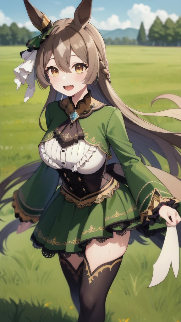 masterpiece, best quality, highres, aasato, long hair, half updo, braid, hair between eyes, animal ears, ear ornament, horse tail, breasts, frills, black ascot, green dress, (sleeves past wrists:1.2), black thighhighs, field, grass, (running:1.1), smile, open mouth, sweat, audience,