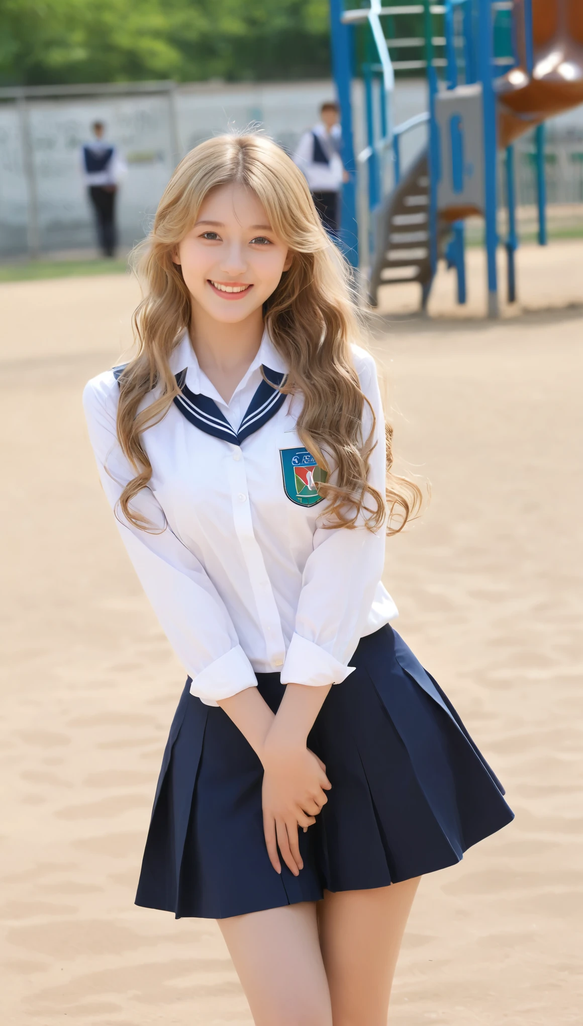 ((best quality, 8 thousand, masterpiece:1.4)), (20 year old woman), ((very small face:1.32)), (huge breasts:1.41), Highly detailed face and skin textures, detailed eyes, Italian woman, (blonde wavy very long hair:1.3), ((beautiful body:1.31)), (slim waist), ((student uniform:1.39)), (In a spacious and comfortable school playground), bright smile, (엄청나게 springy breasts:1.42), pretty legs, knee, Leaning,