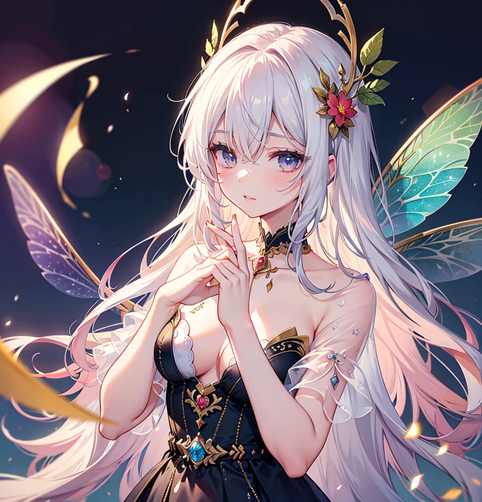 (Exquisite, beautiful, Very detailed, masterpiece, High resolution,high quality,High resolution),(Well-formed face,Soft thin lines: 1.2, beautiful, Delicate and vivid illustrations with a mature and clear feel), Fairies that control fire and inflammation are floating in the air from the rings on both hands.,A delicate and beautiful adult princess with transparent,Dark Night,From a short distance,she'Wearing a tiara, Earrings, Necklaces and bracelets.,), ((Red, white and black ball gown dress with inflammation motif:1.1, Balloon sleeves, gem, ribbon, Lace and frills)), (Long fingers,Pale pink blush, Plump pink lips,beautiful and clear eyes,Large bust, Fair skin, Black Knee High,Good style),pastel colour, Fantasy