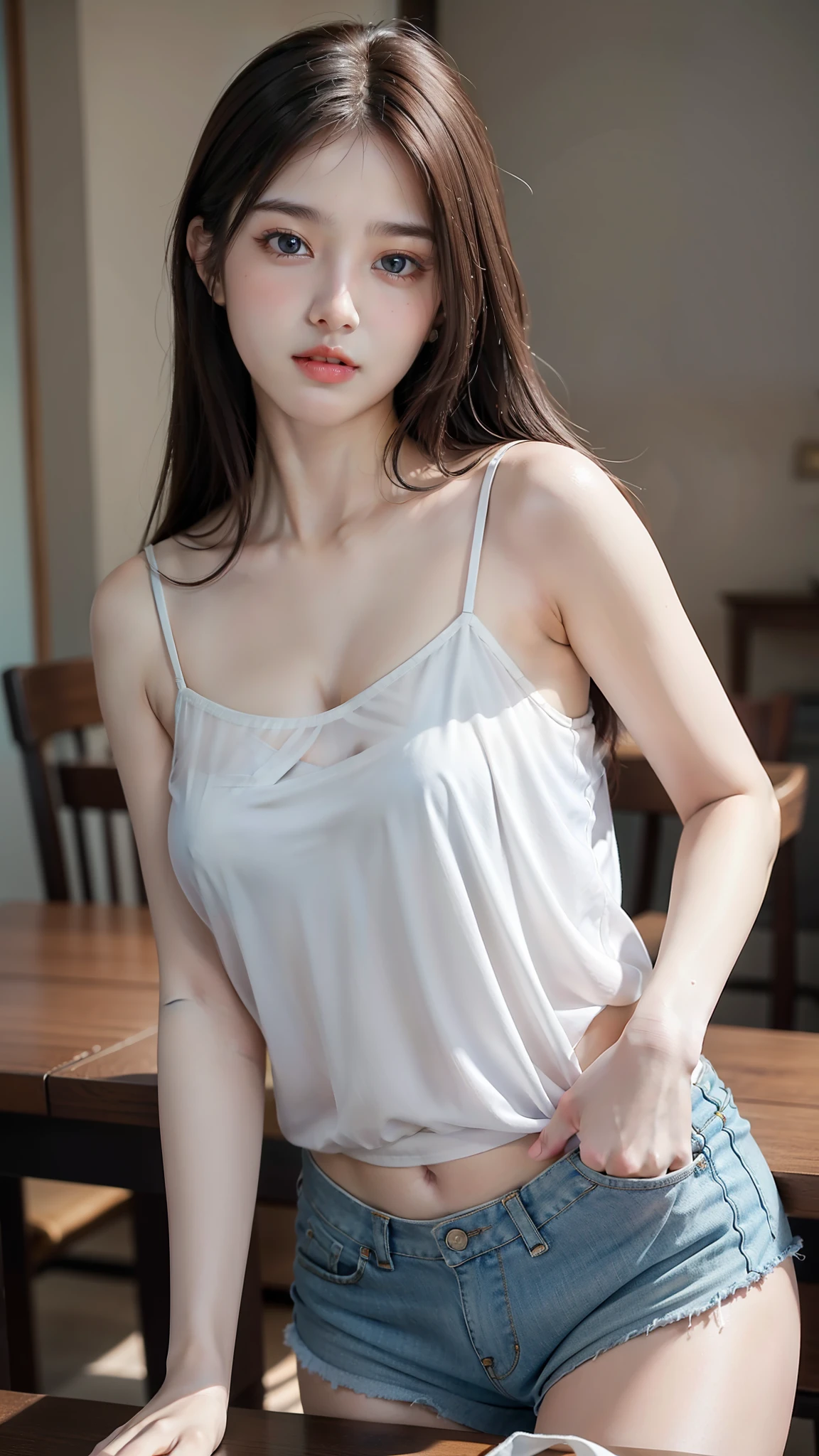 table top, best quality, realistic, in detail, highest resolution, 8K painting wall, Complete dynamic configuration, beautiful and delicate eyes, slightly chubby girl, ((sheer camisole)), beaver, straight hair, (look at the viewers), whole body