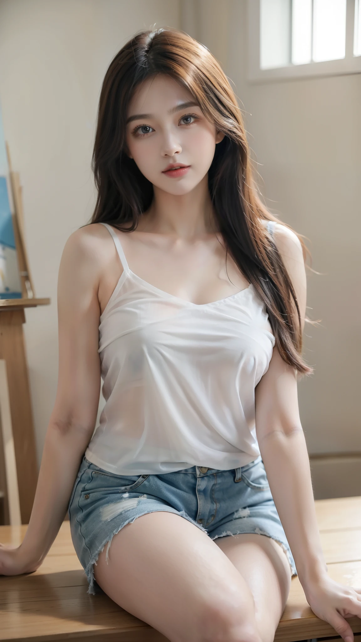 table top, best quality, realistic, in detail, highest resolution, 8K painting wall, Complete dynamic configuration, beautiful and delicate eyes, slightly chubby girl, ((sheer camisole)), beaver, straight hair, (look at the viewers), whole body